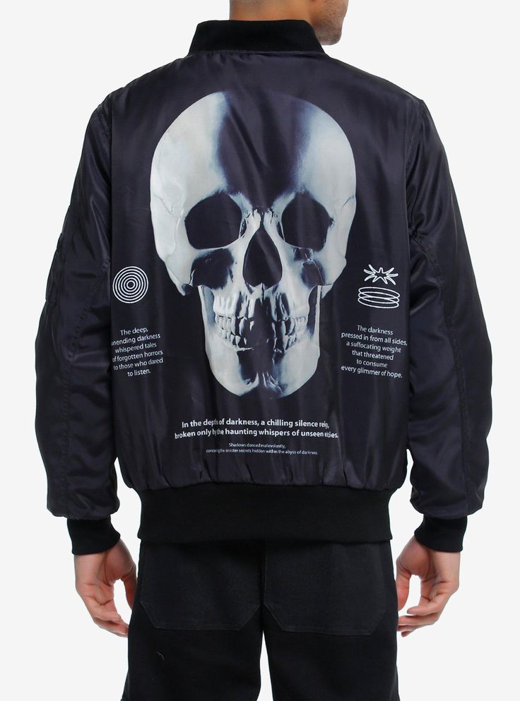 In the depths of darkness  a chilling silence reigns...so protect yourself with this bomber jacket! It has a large skull graphic on the back with haunting text around it. The front has many different pockets with zippers and hook-and-eye flaps.100% polyesterWash cold; dry lowImportedListed in men'sunisex sizesModel is 6'1"Model wears size Medium Halloween Crew Neck Streetwear Outerwear, Halloween Graphic Print Streetwear Outerwear, Halloween Graphic Print Outerwear For Streetwear, Urban Halloween Outerwear With Graphic Print, Urban Outerwear With Graphic Print For Halloween, Edgy Crew Neck Streetwear Outerwear, Edgy Crew Neck Outerwear For Streetwear, Punk Halloween Outerwear With Graphic Print, Winter Skull Print Grunge Outerwear