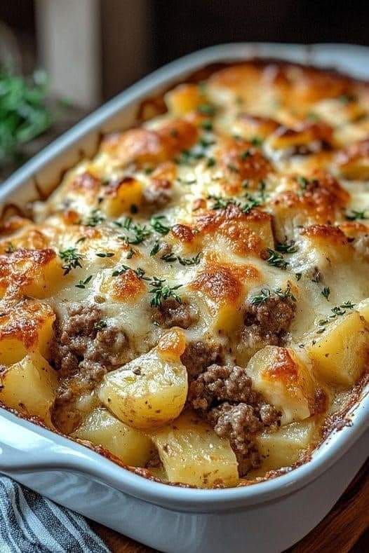 a casserole dish with meat and potatoes in it on a wooden table next to a napkin