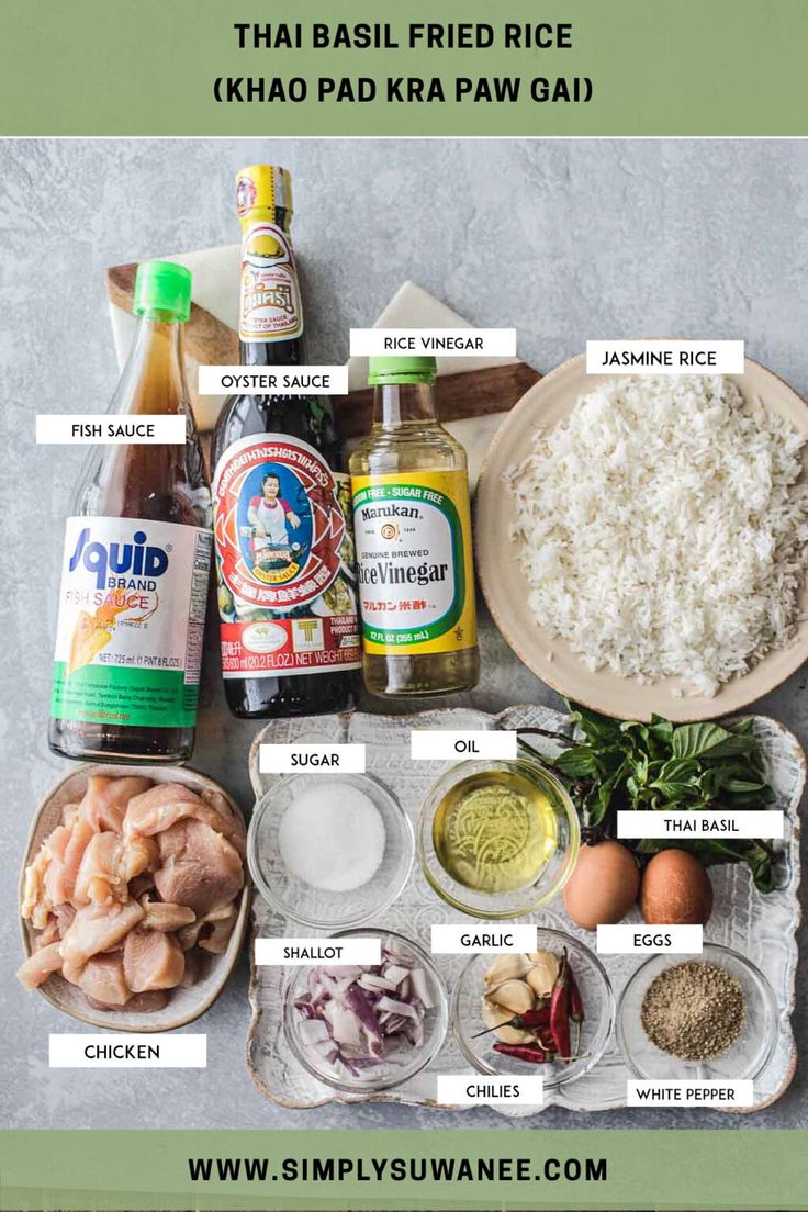 ingredients to make thai fried rice on a tray with the words, thai fried rice khao pad kra paw gai