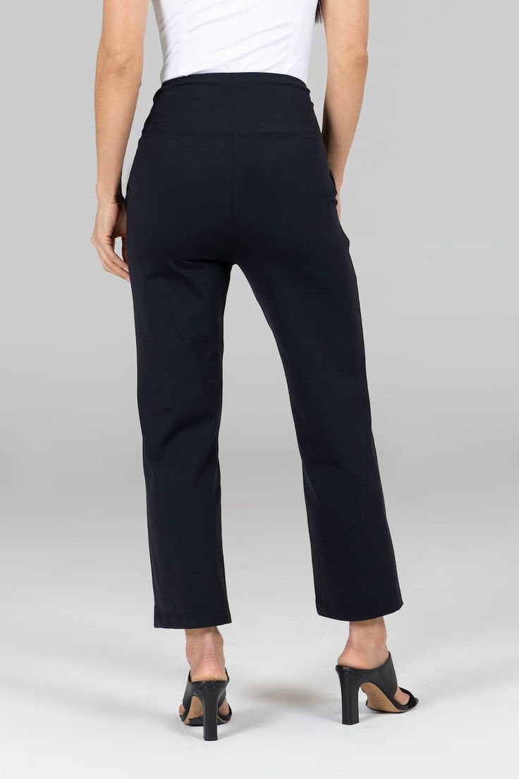 Why we love this: Meet our new Straight Leg Ankle Pant from our Fall Collection! Elegantly fitted for maximum comfort and ultimate polish, these black dress pants will meet all your day-to-day needs. Features: KiraGrace PowerStrong: Feels like cotton & keeps you dry Ultra High-Rise 26" inseam Slimming waist band w/side pockets Made in U.S.A. of imported fabric Waist: High-Waisted (12.5" Rise) Inseam: 26" inseam Leg Shape: Straight leg crop Sizing: True to size Compression: Medium compression Mod Pull-on 4-way Stretch Dress Pants For Work, Chic Black Bottoms With Straight Hem, Comfort Stretch Straight Dress Pants For Work, Black 4-way Stretch Straight Dress Pants, Black 4-way Stretch Dress Pants, Casual Office Dress Pants With 4-way Stretch, Casual Dress Pants With 4-way Stretch For Office, Black 4-way Stretch Bottoms For Workwear, Black Stretch Ankle-length Dress Pants