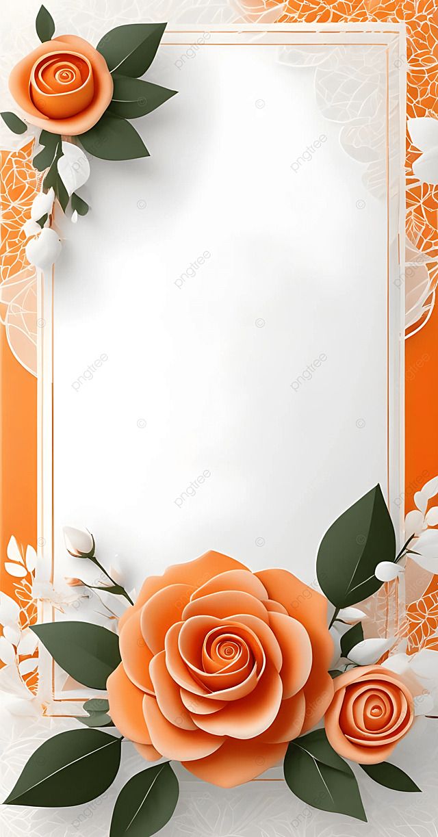 an orange and white background with flowers on the corner, in the center is a square frame