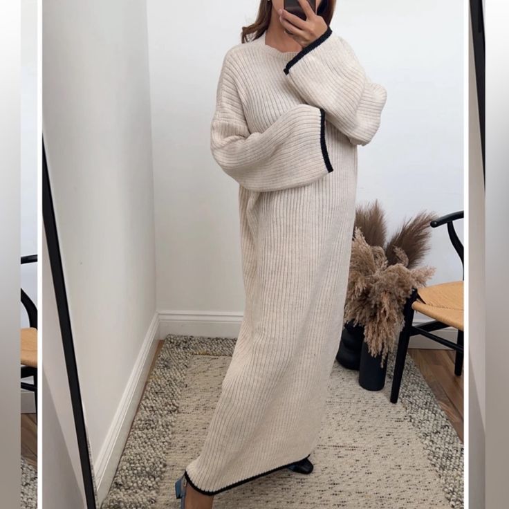 Cream Maxi Knit Dress. Brand New With Tags Casual Ribbed Maxi Sweater Dress, Long Beige Ribbed Sweater Dress, Chic Long Ribbed Sweater Dress, Long Ribbed Beige Sweater Dress, Long Ribbed Knit Sweater Dress, Knit Dress For Loungewear, Casual Knit Maxi Dress For Winter, Casual Winter Knit Maxi Dress, Cozy Knitted Beige Dresses