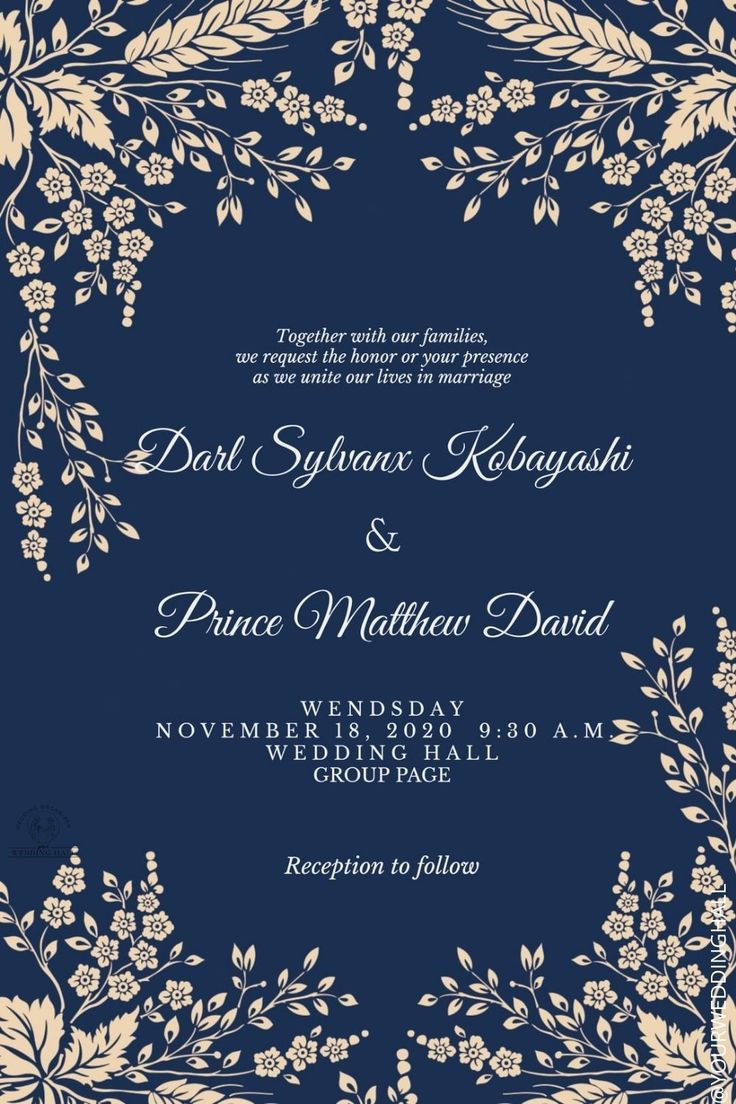 a wedding card with an ornate frame and flowers on the front, in navy blue