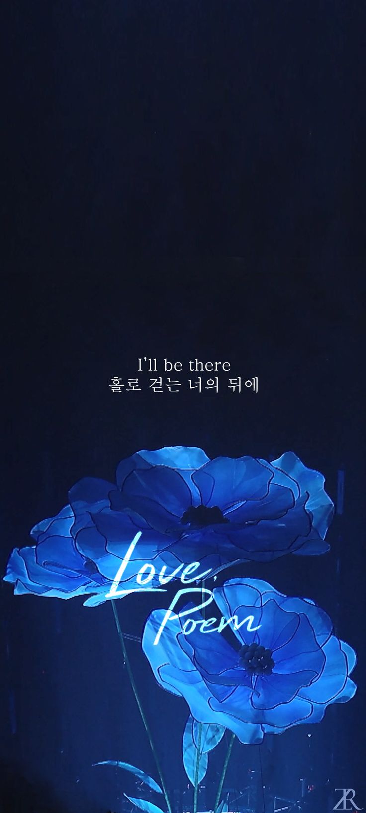 two blue flowers with the words i'll be there written in korean on them