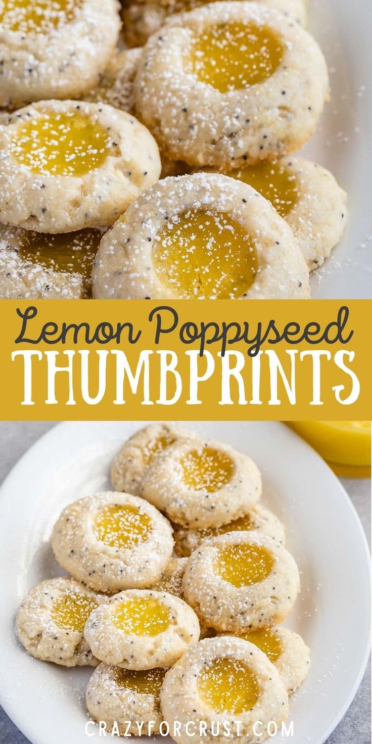 lemon poppy seed thumbprints on a white plate with the words lemon poppy seed thumb prints