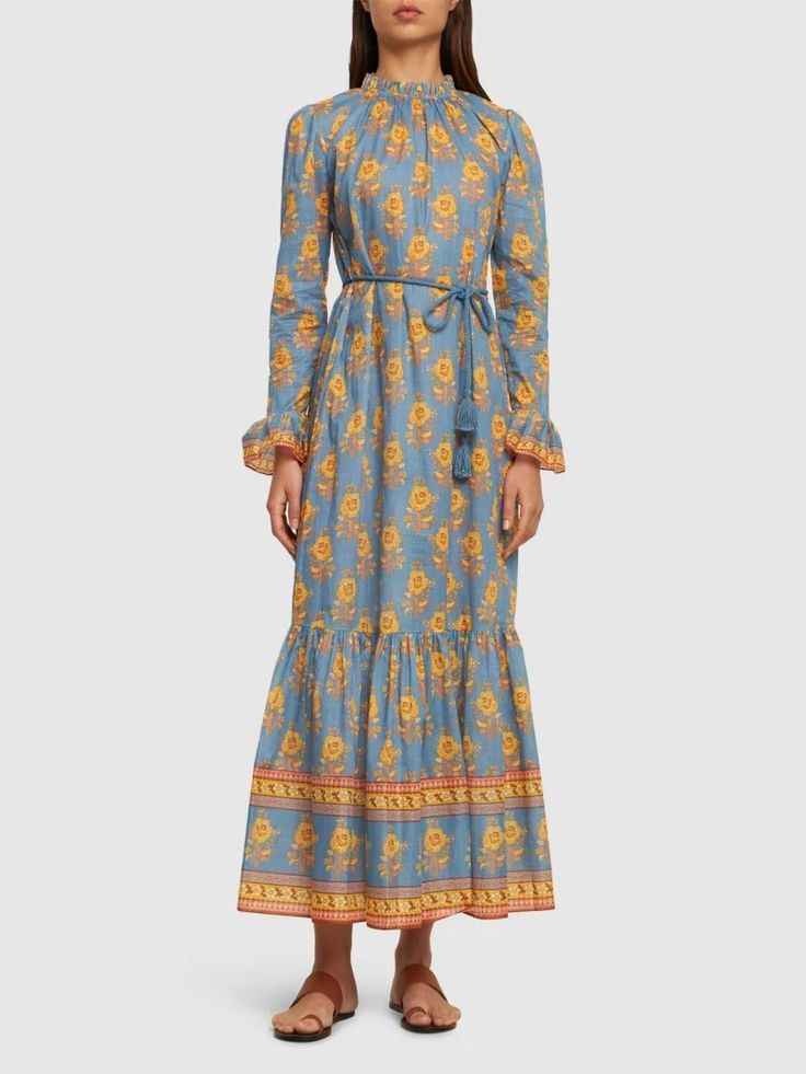 Junie ruffled cotton midi dress - Zimmermann - Women | Luisaviaroma Tiered Midi Skirt, All Over Pattern, Cotton Midi Dress, Blue Midi Dress, Shearling Jacket, Dress Clothes For Women, Blue Yellow, Party Outfit, Winter Outfits