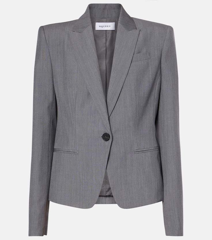 Fitted blazer in grey - Alexander Mc Queen | Mytheresa Timeless Winter Office Blazer, Timeless Single Button Tweed Jacket For Office, Timeless Wool Blazer With Single Button, Single-button Wool Blazer For Office Wear, Single Button Wool Blazer For Office, Tailored Wool Blazer For Office, Wool Blazer With Pressed Crease For Office, Single Button Wool Blazer For Work, Alexander Mcqueen Fits