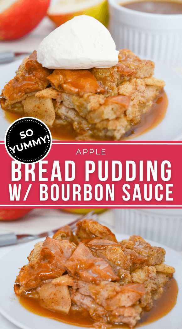 bread pudding with bourbon sauce and whipped cream on top is the perfect dessert for fall