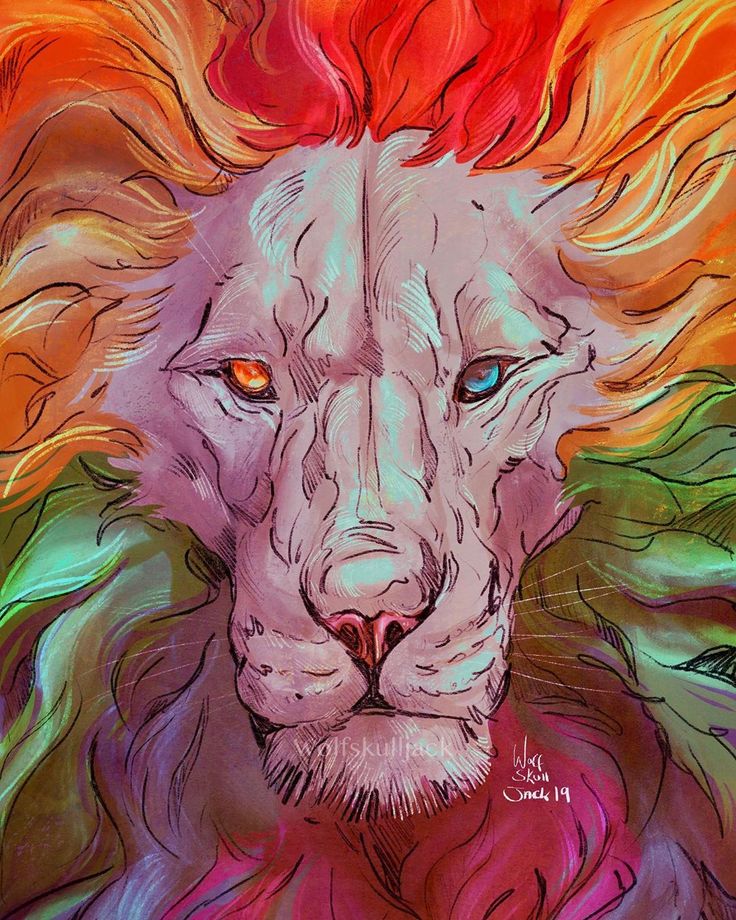 a painting of a white lion with red hair and blue eyes on an orange background