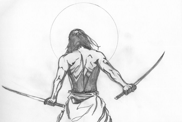 a pencil drawing of a man holding two swords and looking at the sky with his back to the camera