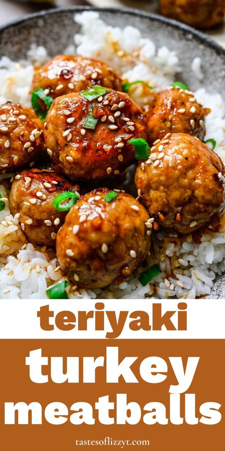 teriyaki turkey meatballs with white rice and green onions