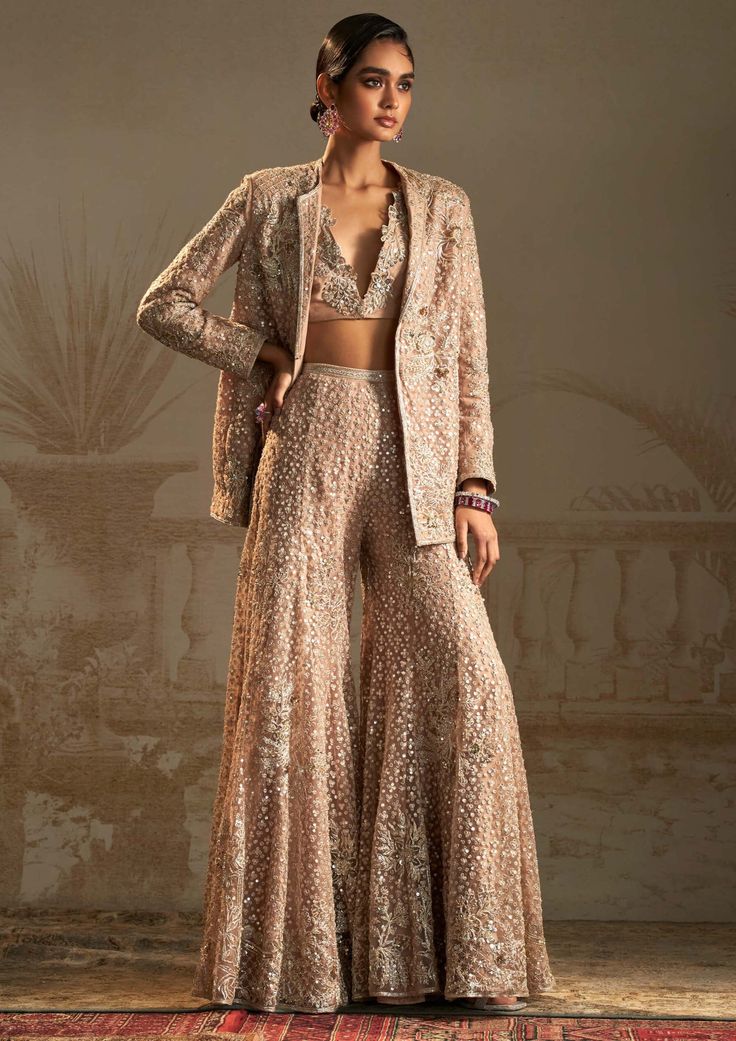 Ridhi Mehra-Barfi Champagne Blazer And Pant Set-INDIASPOPUP.COM Indian Reception Outfit, Wedding Guest Outfit Inspiration, Indian Dresses For Women, Wedding Outfits For Women, Reception Outfit, Modest Dresses Casual, Embroidered Pants, Ethnic Outfits, Designer Party Wear Dresses