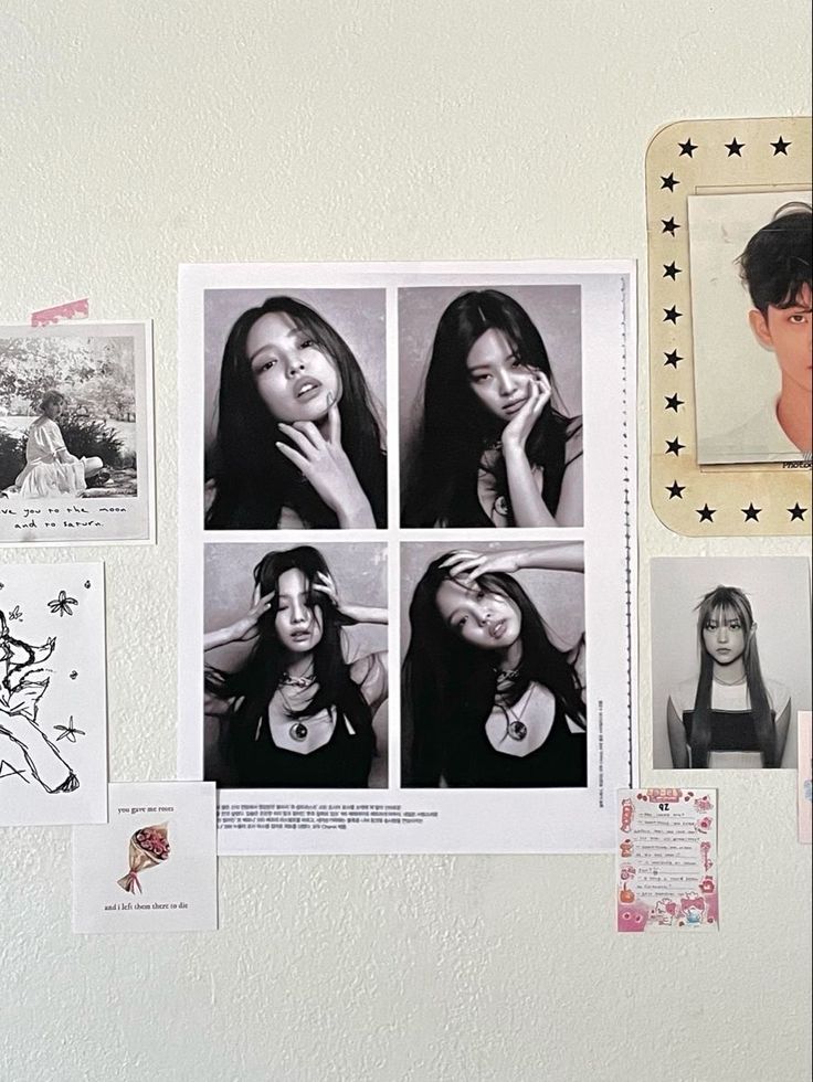 a wall covered in pictures and photos of people with different hair styles, including one woman's face