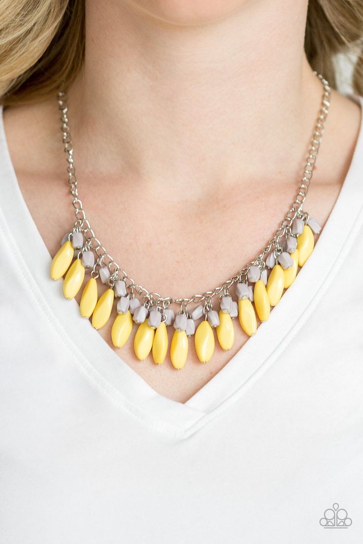 Varying in size and shape, imperfect yellow and gray beads cascade from the bottom of a shimmery silver chain, creating a vivacious fringe below the collar. Features an adjustable clasp closure. Sold as one individual necklace. Includes one pair of matching earrings. P2ED-YWXX-045XX ORDERED 4 JUN 19 Short Silver Necklace, Paparazzi Accessories Jewelry, Yellow Necklace, Grey Beads, Paparazzi Accessories, Beaded Fringe, Affordable Jewelry, Paparazzi Jewelry, Silver Chain Necklace