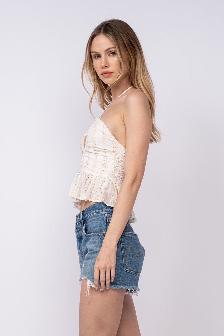 Find the Island Summer Beige Eyelet Halter Top at BohoPink.com! Embroidered floral halter top with cutouts. Express and international shipping is available! Floral Halter Top, Boho Pink, Eyelet Top, Pink Boho, Halter Crop Top, White Eyelet, Exposed Zipper, Shipping Orders, Bra Cups