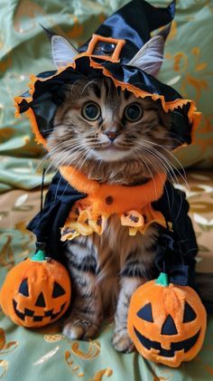 a cat dressed up as a witch sitting on a bed