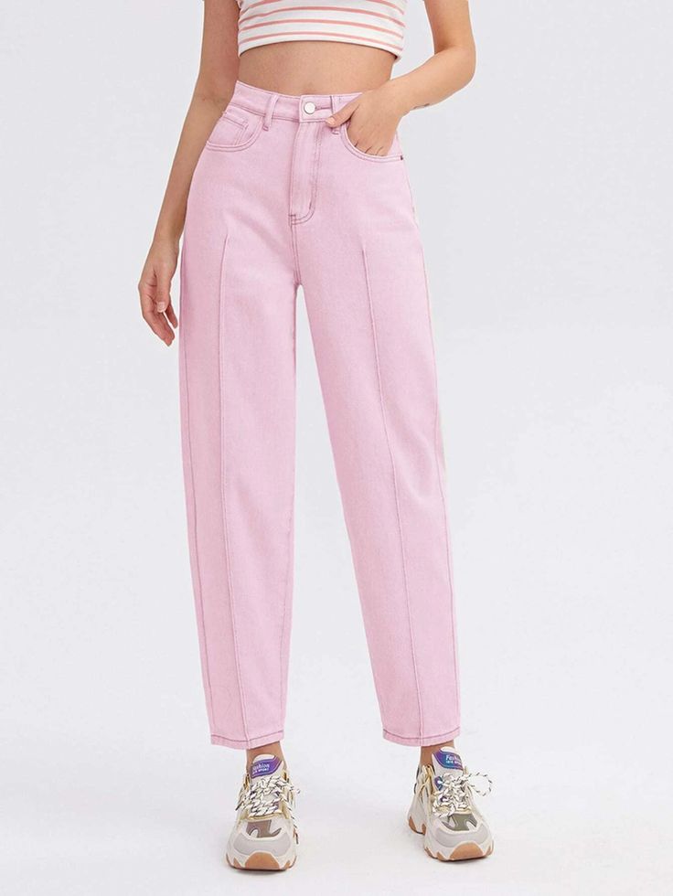 Slant Pocket Mom Jeans | SHEIN USA Pink Mom Jeans, High Waist Pink Relaxed Fit Jeans, Pink High-waisted Jeans With Pockets, Pink High-waist Cargo Jeans With Pockets, Non-stretch High Waist Pink Jeans, Light Pink Jeans, Pink Jeans, Lingerie Sleepwear, Shein Style