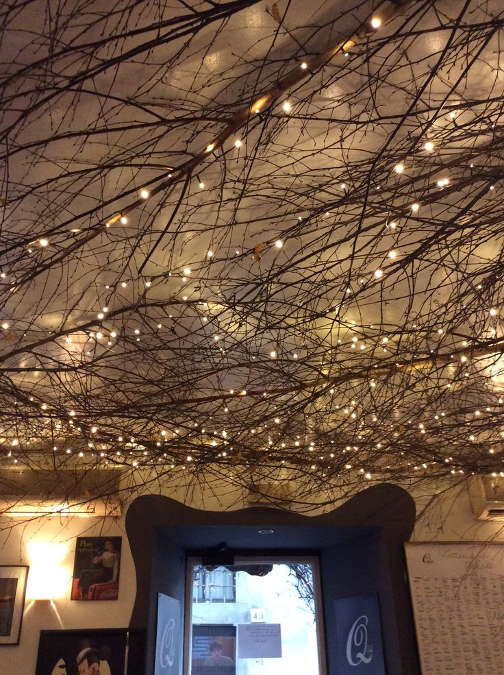 the ceiling is decorated with branches and lights