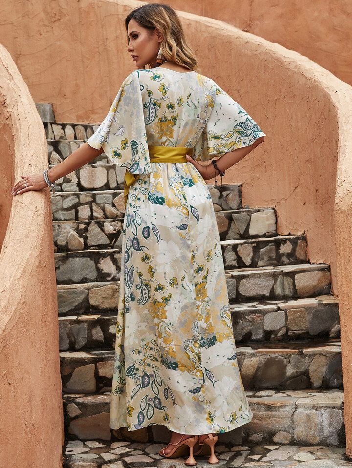 Floral Print Butterfly Sleeve Belted Maxi Dress | SHEIN USA Beach Wrap Dress, Belted Maxi Dress, Print Butterfly, Beach Wrap, Butterfly Sleeve, Butterfly Sleeves, Womens Maxi Dresses, Dress P, Fashion Online Shop