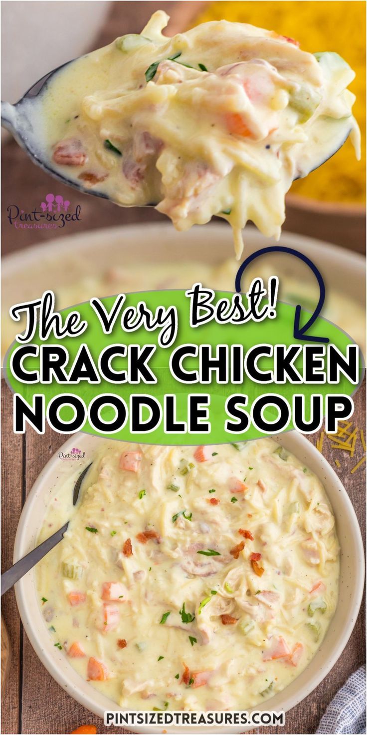 Prepare a quick and satisfying dinner in just 20 minutes with Pint-sized Treasures' homemade crack chicken noodle soup. It is cooked on the stovetop and features savory rotisserie chicken and egg noodles. It's the ideal comfort food for an easy and satisfying dinner. Chicken And Egg Noodles, Rotisserie Chicken Soup, Egg Noodle Recipes, Creamy Chicken Noodle Soup, Chicken Noodle Soup Homemade, Noodle Soup Recipes, Soup Recipes Chicken Noodle, Chicken Soup Recipes, Chicken Noodle Soup