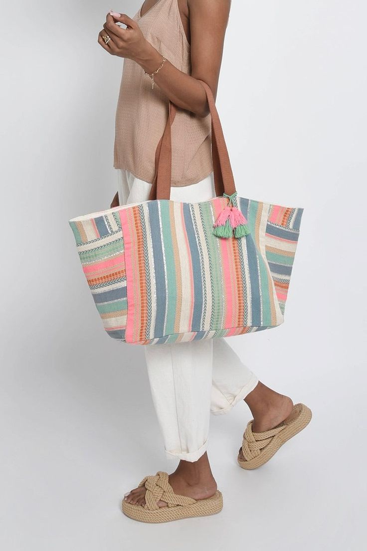 Riviera Woven Tote – Lark & Lily Boutique Striped Rectangular Bag With Braided Handles, Striped Tote Bag For Vacation, Striped Rectangular Vacation Bag, Rectangular Striped Straw Bag For Summer, Vacation Striped Bags With Braided Handles, Striped Summer Bags For Daily Use, Striped Shoulder Bag For The Beach, Summer Striped Rectangular Bags, Striped Summer Style Bag