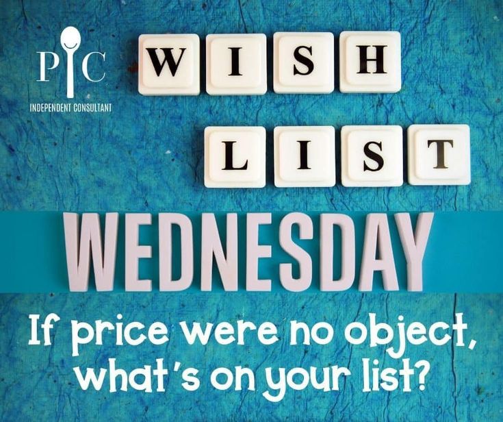 the words wish list wednesday are spelled by scrabble letters on a blue background