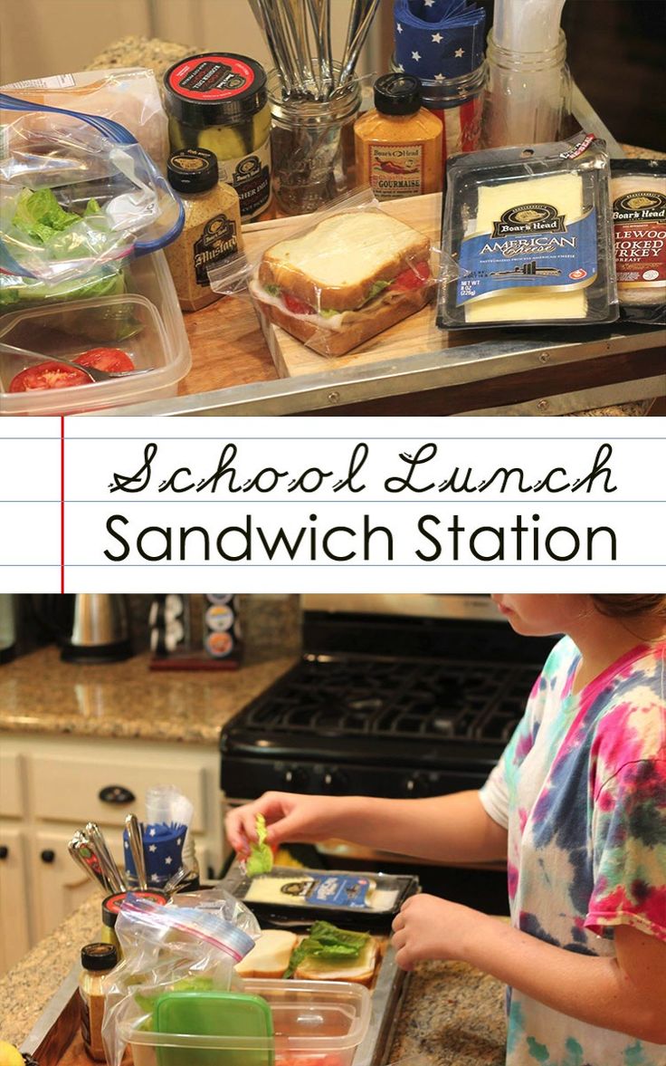 a woman standing in front of a kitchen counter with food on it and the words school lunch sandwich sandwich station