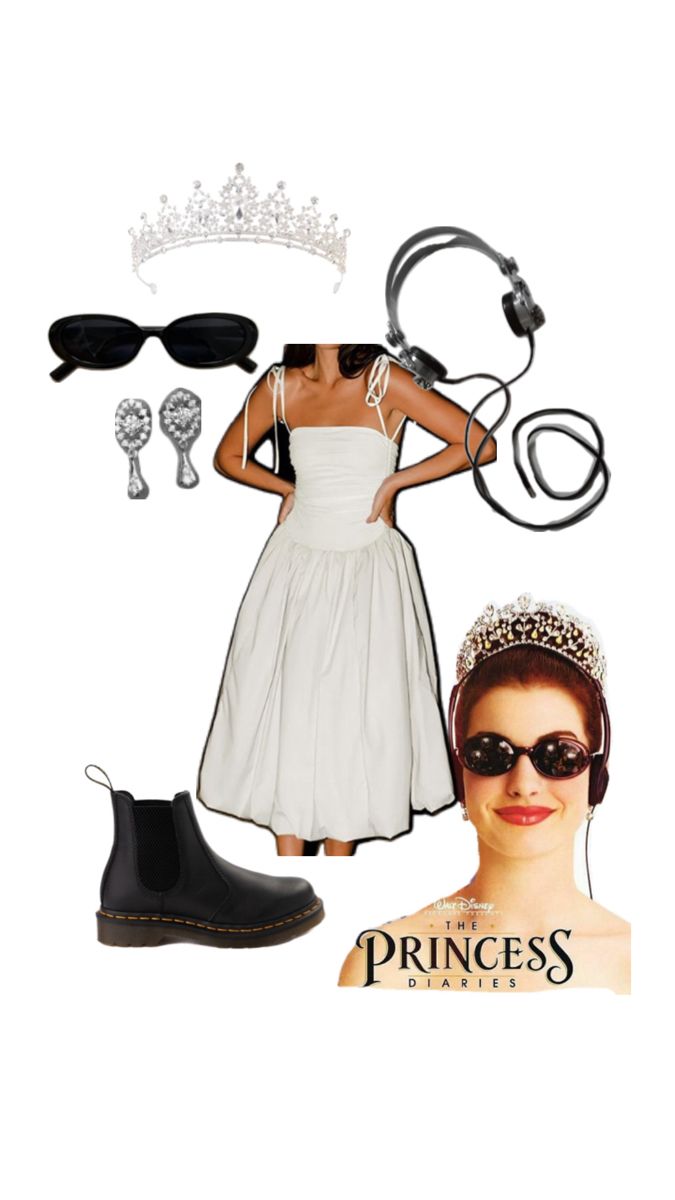 a woman in white dress and tiara with sunglasses on her head, wearing black rubber shoes