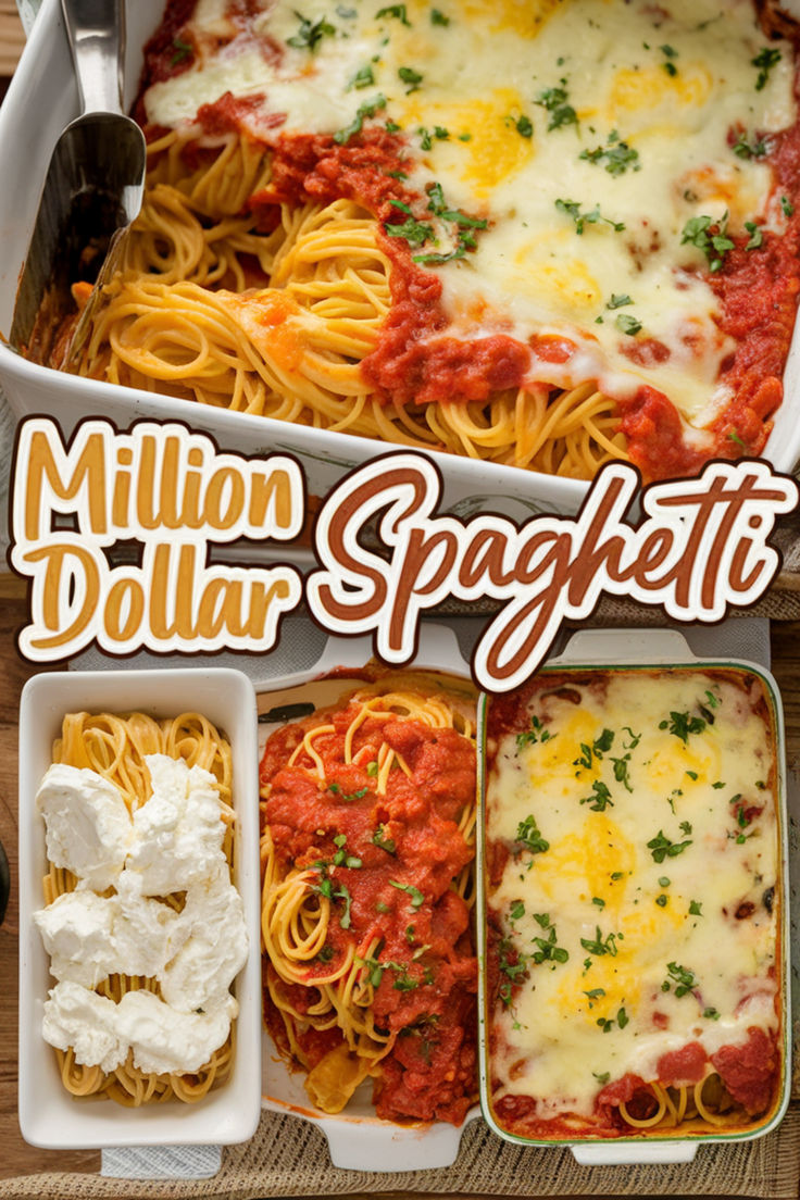 the cover of million dollar spaghetti is shown in three different dishes, including pasta and cheese