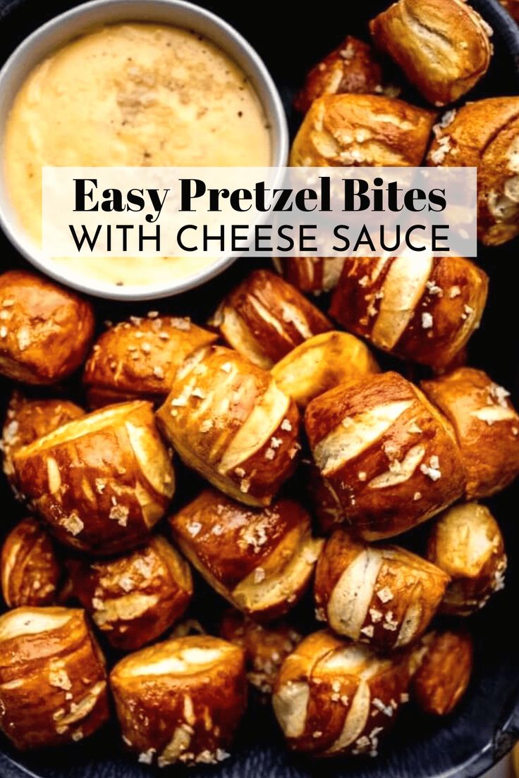 croissants and dip in a bowl with text overlay that reads easy pretzel bites with cheese sauce