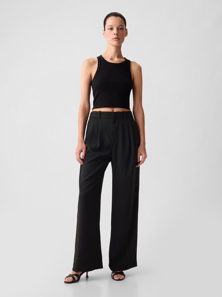 Soft woven trousers.  E-waist with concealed hook and bar closure, zip fly.  Front slant pockets, back welt pockets.  Pleating at front.  * Fit: Classic.  An easy silhouette that fits close  at the waist, and is relaxed through the hips and thigh.  Models wearing Gap Easy Silhouette, Wardrobe Refresh, Pleated Trousers, Black Trousers, Green And Khaki, Petite Size, Welt Pockets, Shopping List, Gap