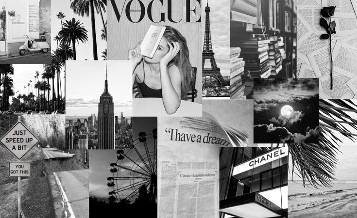 black and white collage with images of buildings, trees, street signs, and palm trees