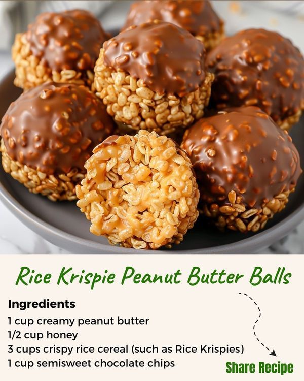 chocolate covered peanut butter balls on a plate with text overlay that reads, rice krispie peanut butter balls