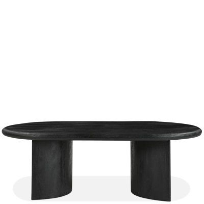 an oval black table with two legs and a circular wooden top, against a white background