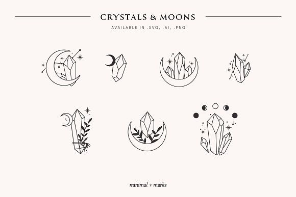 the crystals and moon symbols are shown in black and white