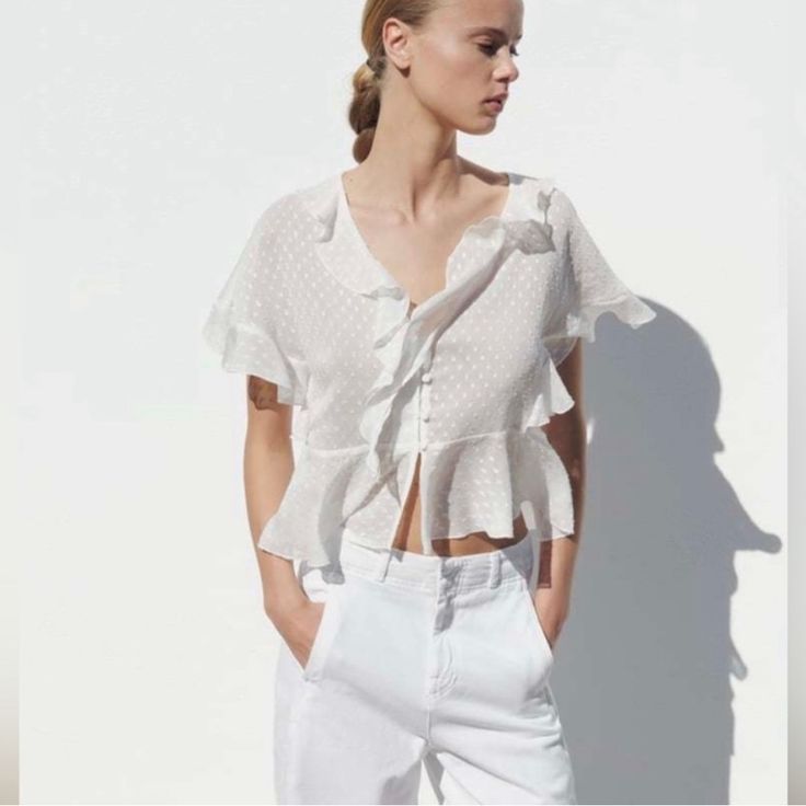 Cute White Sheer Crop Top. Brand: Zara Size: Medium Color: White New With Tags Elegant Cropped Summer Blouse, Elegant Cropped Blouse For Summer, Chic Zara Tops For Daywear, Trendy Summer Daywear Blouse, Trendy Summer Blouse For Daywear, Trendy White Summer Blouse, Zara Casual Summer Blouse, Chic White Cropped Blouse, Chic Zara Blouse For Beach