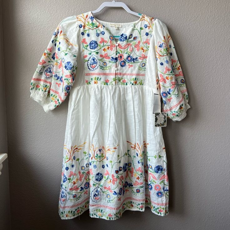 Chelsea And Violet Brand Kids Xl- Could Fit An Adult Xs Linen Embroidered Dress Brand New With Tags Cute Multicolor Embroidered Spring Dress, Cute Multicolor Embroidery Spring Dresses, Cute White Dress With Floral Embroidery, Casual Spring Embroidered Dress, Casual Spring Dress With Multicolor Embroidery, Rose Gold Party Dress, Girls Chambray Dress, Gold Party Dress, Summertime Dresses