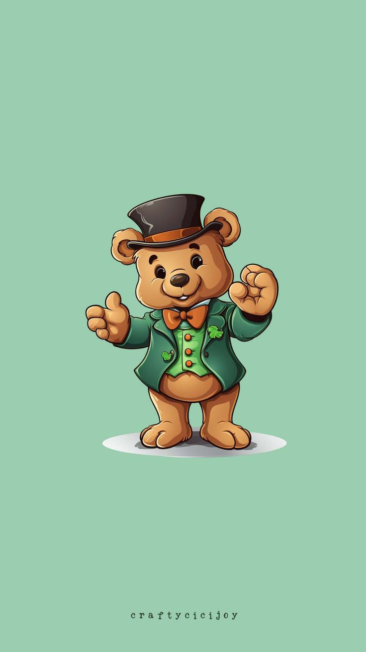 a teddy bear with a top hat and green suit on it's chest, standing in