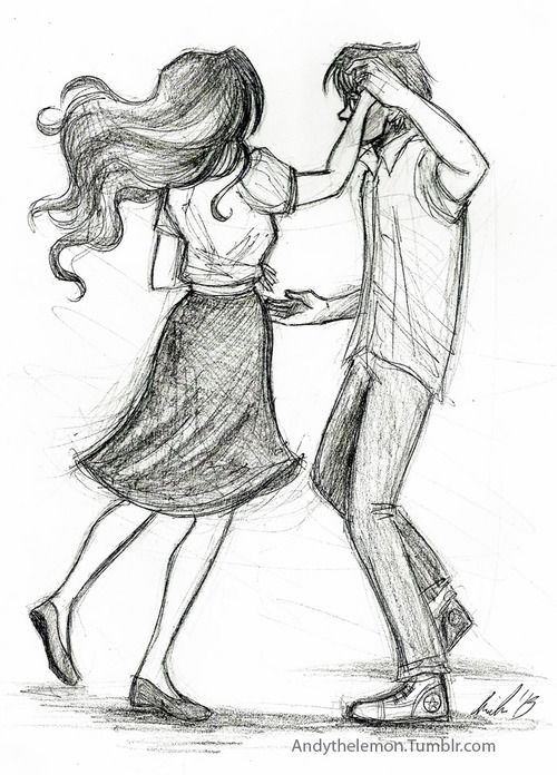 a drawing of a man and woman dancing together with their hair blowing in the wind