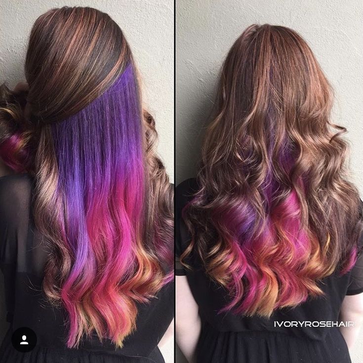 Purple To Orange Ombre Hair, Purple Peekaboo Hair, Orange Ombre Hair, Underdye Hair, Pink And Orange Hair, Bang Hair, Pink Purple Hair, Hairstyle Girl, Vivid Hair