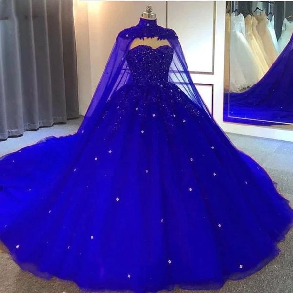 Ball Gown Appliques Crystals Royal Blue Wedding Dresses Sleeveless With Cape on Storenvy Blue Ball Gown, Ball Gown Prom Dress, Cape Wedding Dress, Blue Ball Gowns, Quinceanera Dresses Blue, Applique Wedding, Blue Ball, Applique Wedding Dress, Ball Gowns Prom