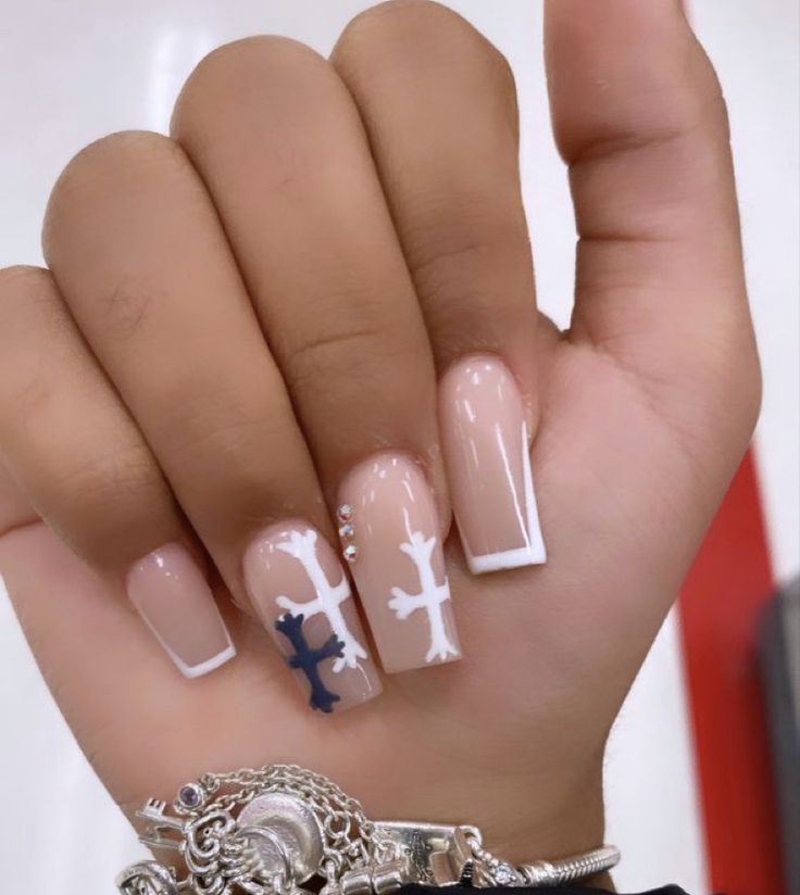 Nails for the girlies if you wanted any inspiration or design . 💕 White Cross Acrylic Nails, Acrylic Nail Designs With Crosses, Cross Gel Nails, Short Acrylic Nails With Cross, Cross Short Nails, Acrylic Nails Cross Design, French Tip Cross Nails, French Tip Nails With Cross, Cross Design Nails