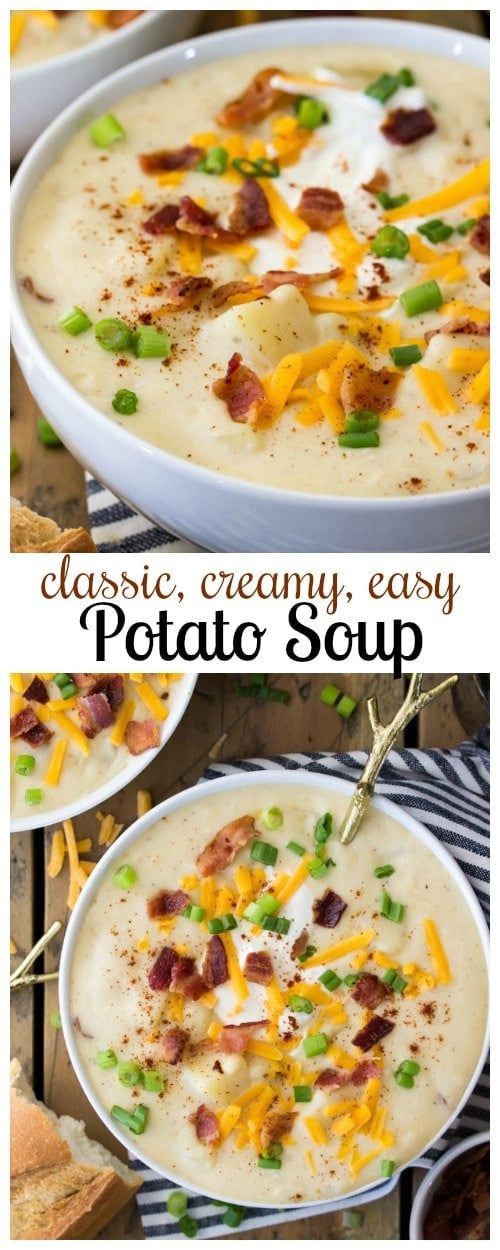 potato soup with bacon and cheese in a white bowl