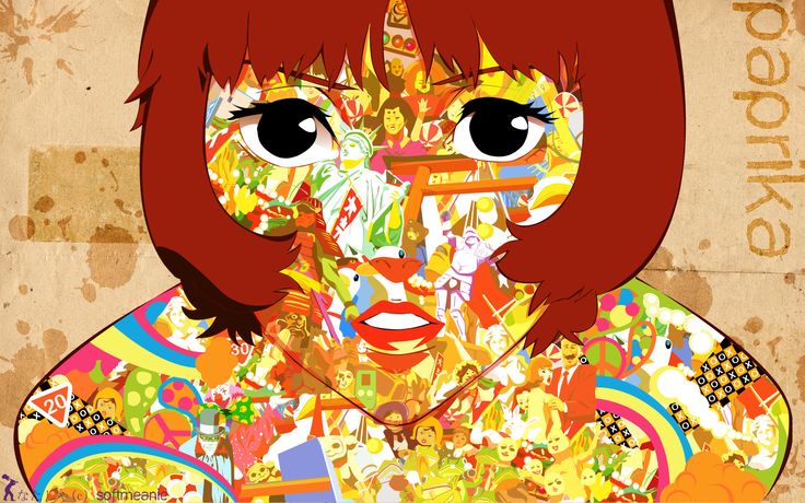 a woman with red hair and big eyes surrounded by many colorful designs on her face