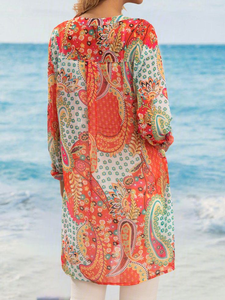 Multicolor Print Long Sleeve Tops For Vacation, Long Sleeve Patterned Tops For Vacation, Printed Vacation Shirt For Fall, Collared Patterned Tops For The Beach, Patterned Collared Tops For The Beach, Red Long Sleeve Beach Blouse, Printed Shirt For Fall Vacation, Printed Shirt For Vacation In Fall, Patterned Shirt For Spring Beach Outing