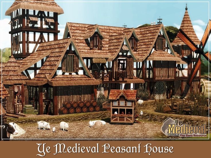 the medieval peasant house has sheep grazing in front of it