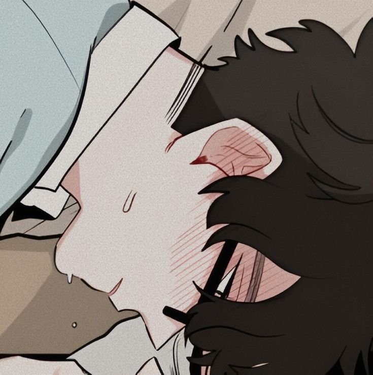 a man and woman kissing each other with their noses close to one another, in an animated style