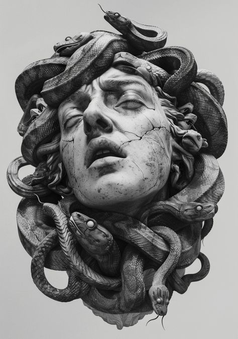 the head of a statue with snakes around it