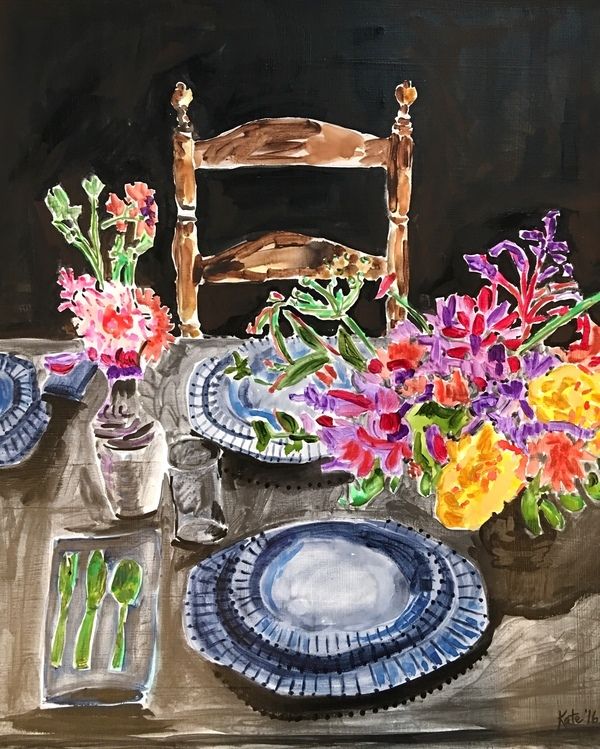 a painting of flowers and plates on a table