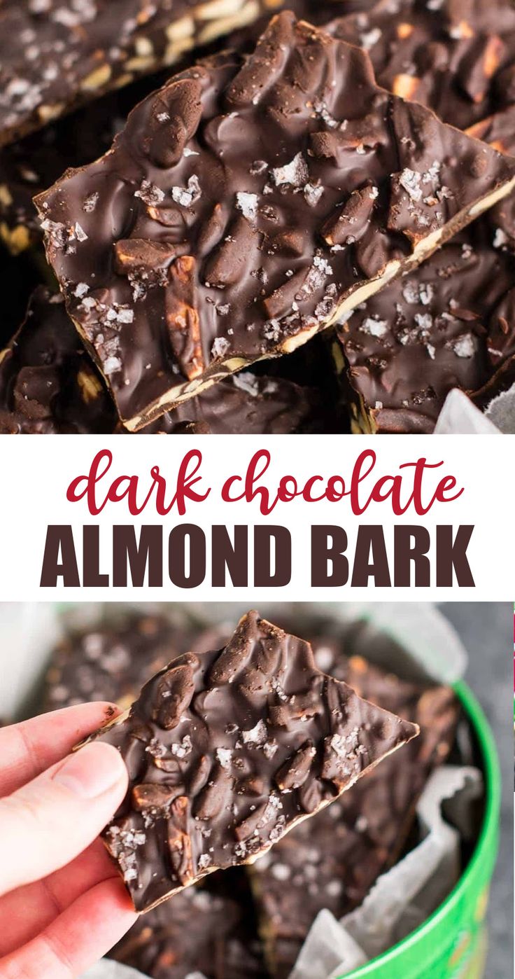 dark chocolate almond bark in a green bowl with text overlay that says dark chocolate almond bark